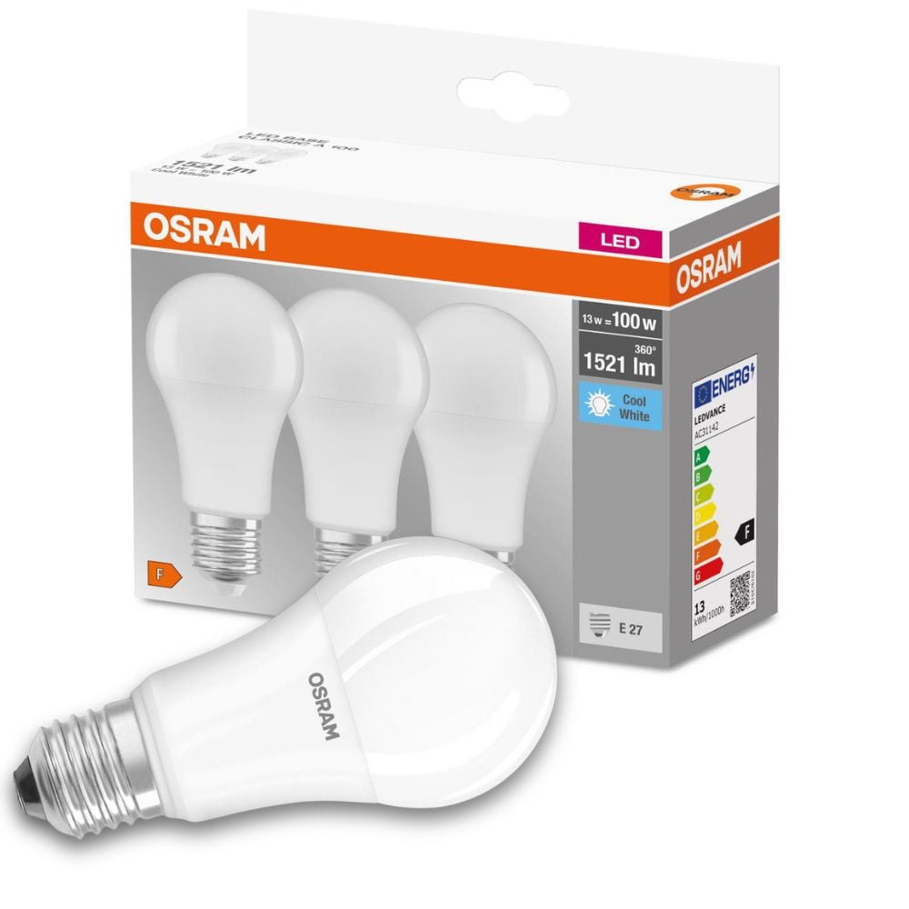 Osram LED Lampe ersetzt 100W E27 Birne - A60 in Wei 13W 1521lm 4000K 3er Pack