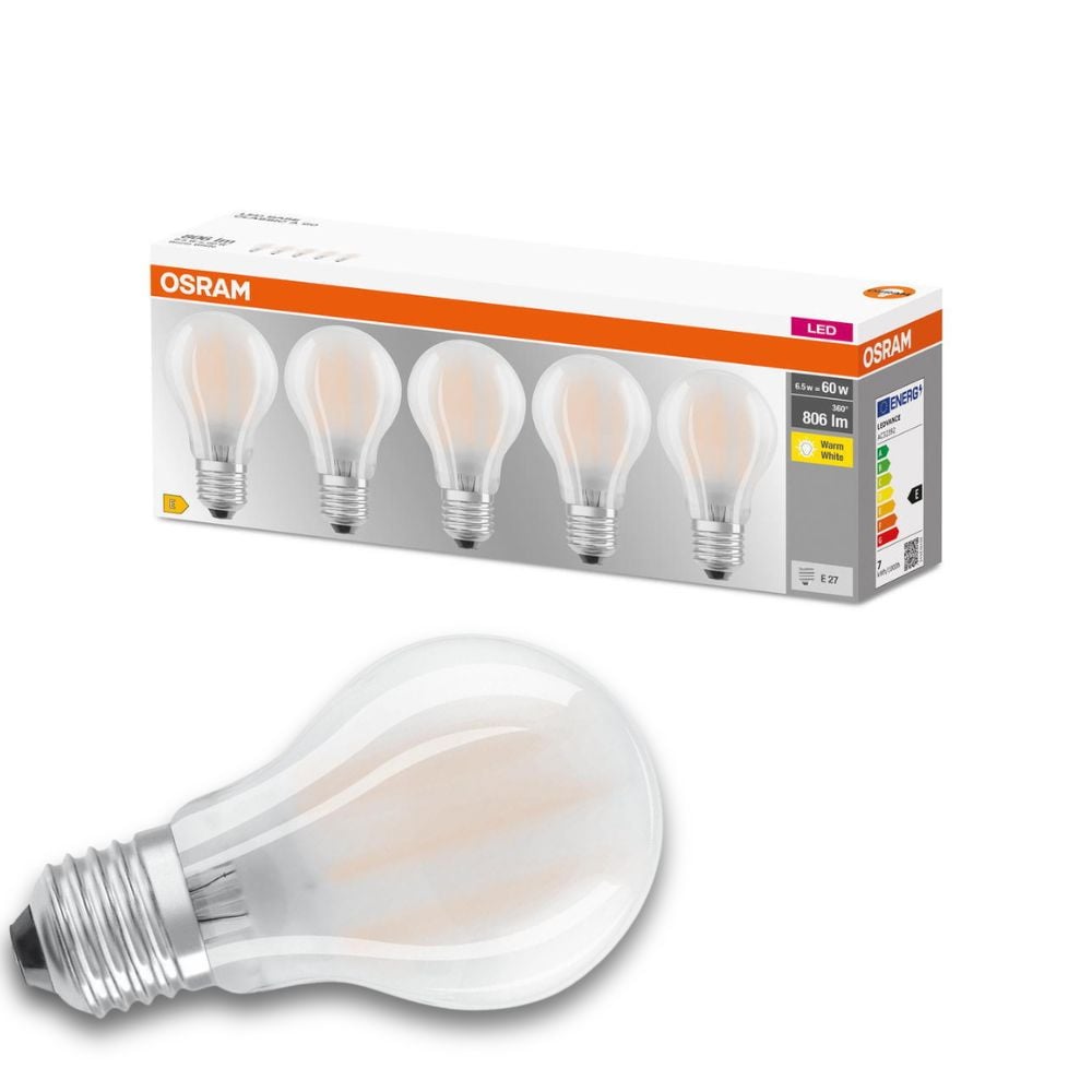 Osram LED Lampe ersetzt 60W E27 Birne - A60 in Wei 6,5W 806lm 2700K 5er Pack