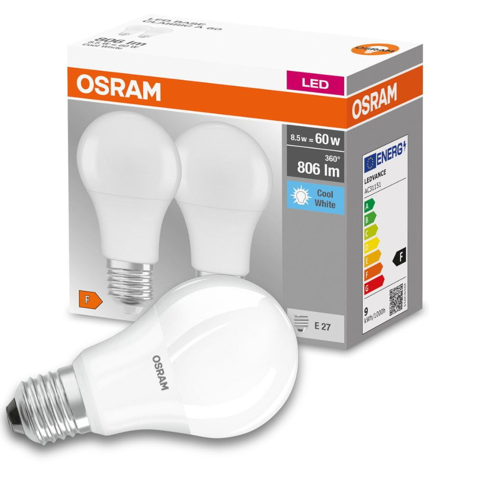 Osram LED Lampe ersetzt 60W E27 Birne - A60 in Wei 8,5W 806lm 4000K 2er Pack