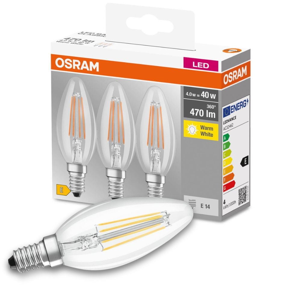 Osram LED Lampe ersetzt 40W E14 Kerze - B35 in Transparent 4W 470lm 2700K 3er Pack