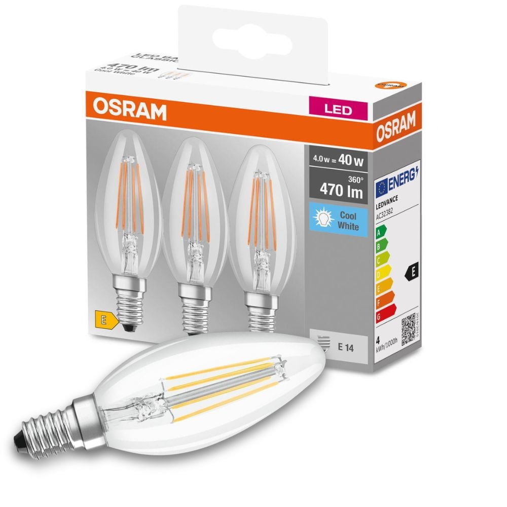 Osram LED Lampe ersetzt 40W E14 Kerze - B35 in Transparent 4W 470lm 4000K 3er Pack