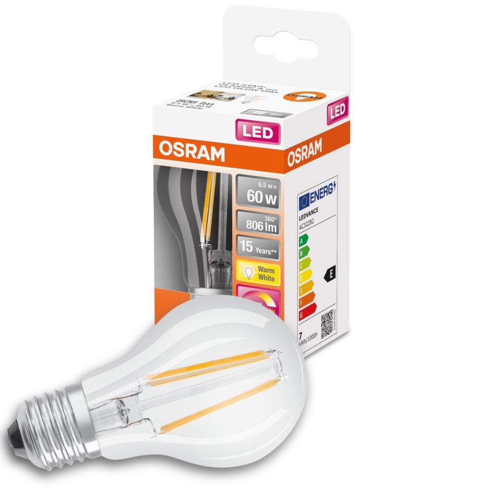 Osram LED Lampe ersetzt 60W E27 Birne - A60 in Transparent 6,5W 806lm 2200 bis 2700K dimmbar 1er Pack