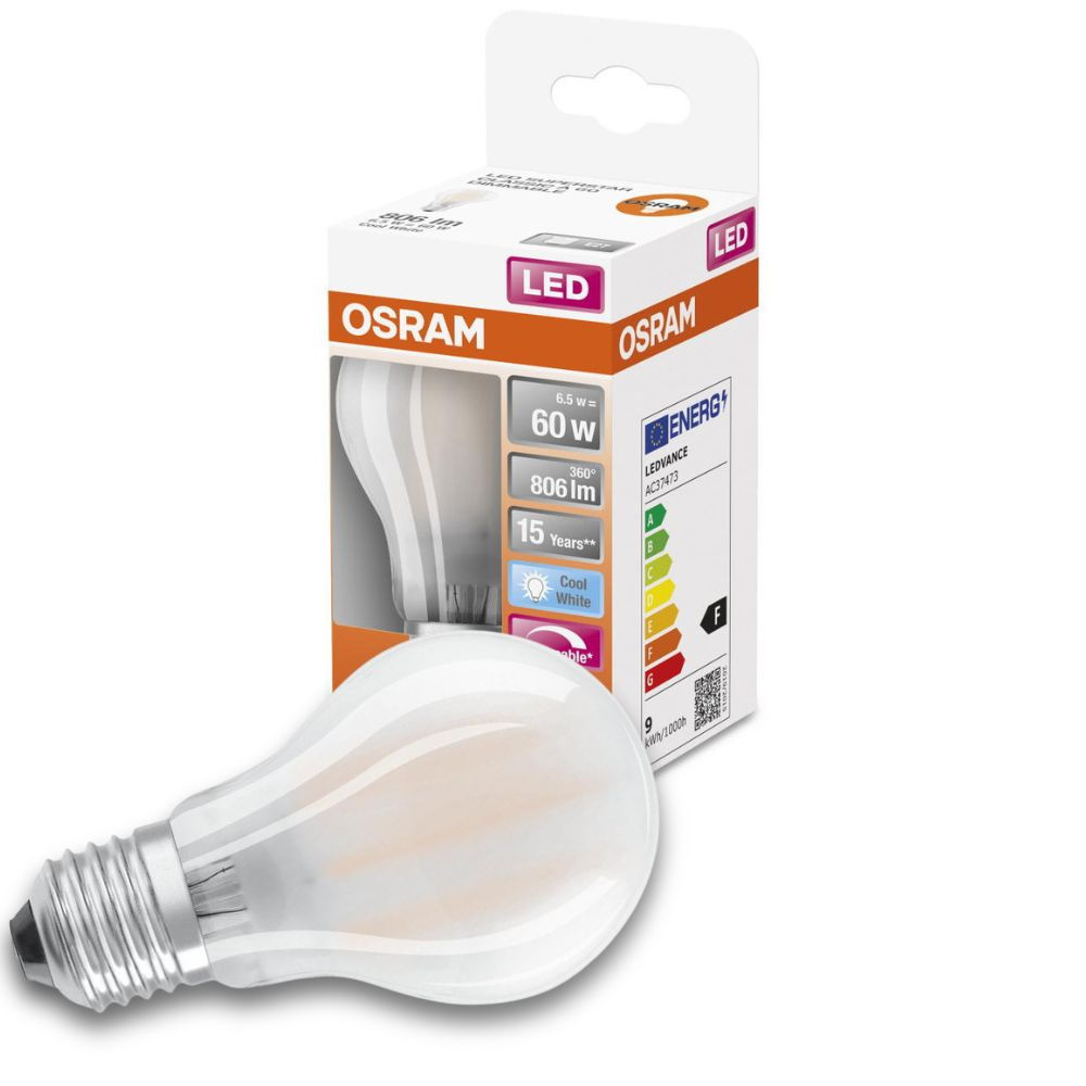 Osram LED Lampe ersetzt 60W E27 Birne - A60 in Wei 6,5W 806lm 4000K dimmbar 1er Pack