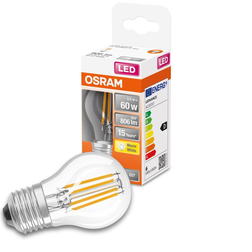 Osram LED Lampe ersetzt 60W E27 Tropfen - P45 in Transparent 5,5W 806lm 2700K 1er Pack
