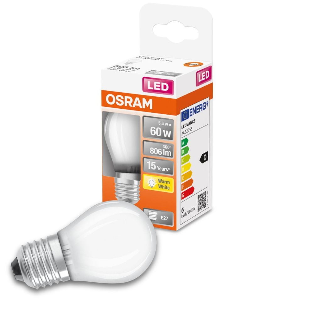Osram LED Lampe ersetzt 60W E27 Tropfen - P45 in Wei 5,5W 806lm 2700K 1er Pack