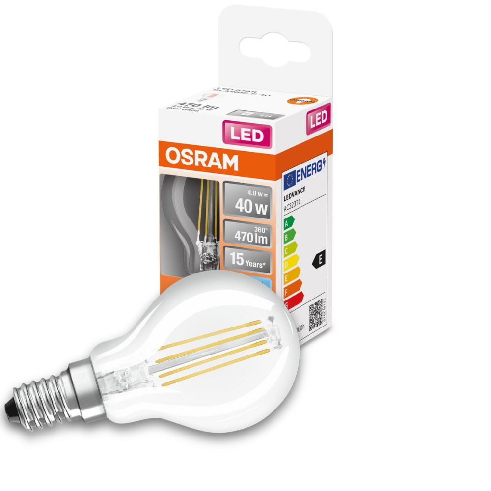 Osram LED Lampe ersetzt 40W E14 Tropfen - P45 in Transparent 4W 470lm 4000K 1er Pack