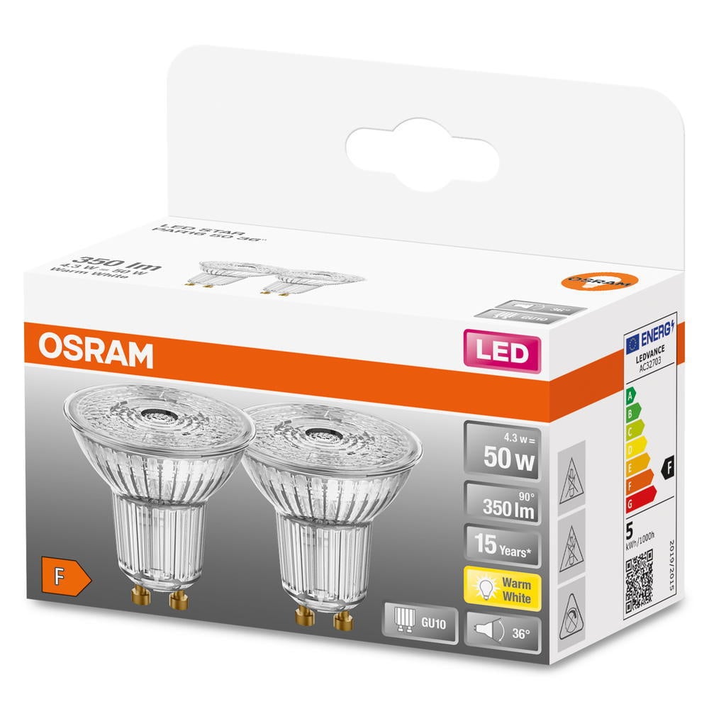 Osram LED Lampe ersetzt 50W Gu10 Reflektor - Par16 in Transparent 4,3W 350lm 2700K 2er Pack