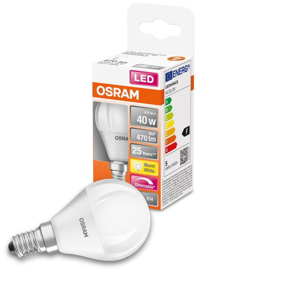 Osram LED Lampe ersetzt 40W E14 Tropfen - P45 in Wei 4,9W 470lm 2700K dimmbar 1er Pack