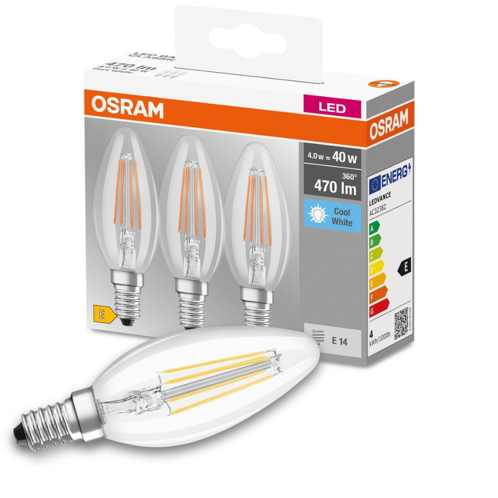 Osram LED Lampe ersetzt 40W E14 Kerze - B35 in Transparent 4W 470lm 4000K