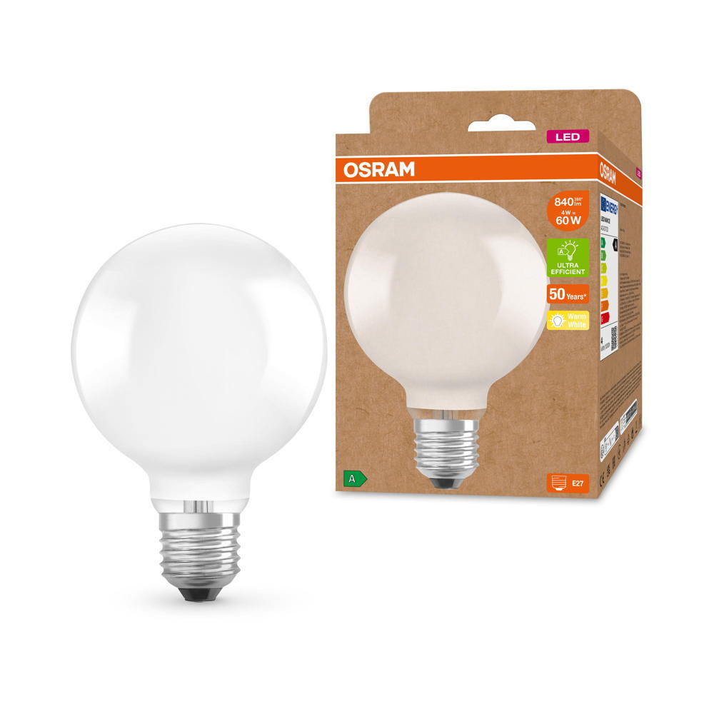 Osram LED Lampe ersetzt 60W E27 Globe - G95 in Wei 4W 840lm 3000K 1er Pack