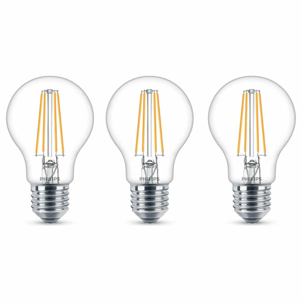 Philips LED Lampe ersetzt 60W, E27 Standardform A60, klar, warmwei, 806 Lumen, nicht dimmbar, 3er Pack