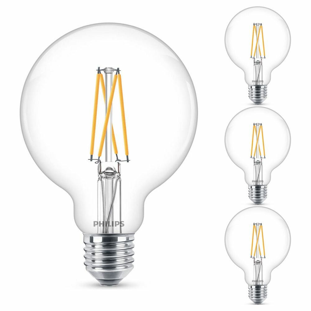 Philips LED WarmGlow Lampe ersetzt 60W, E27 Globe G93, klar, warmwei, 806 Lumen, dimmbar, 4er Pack