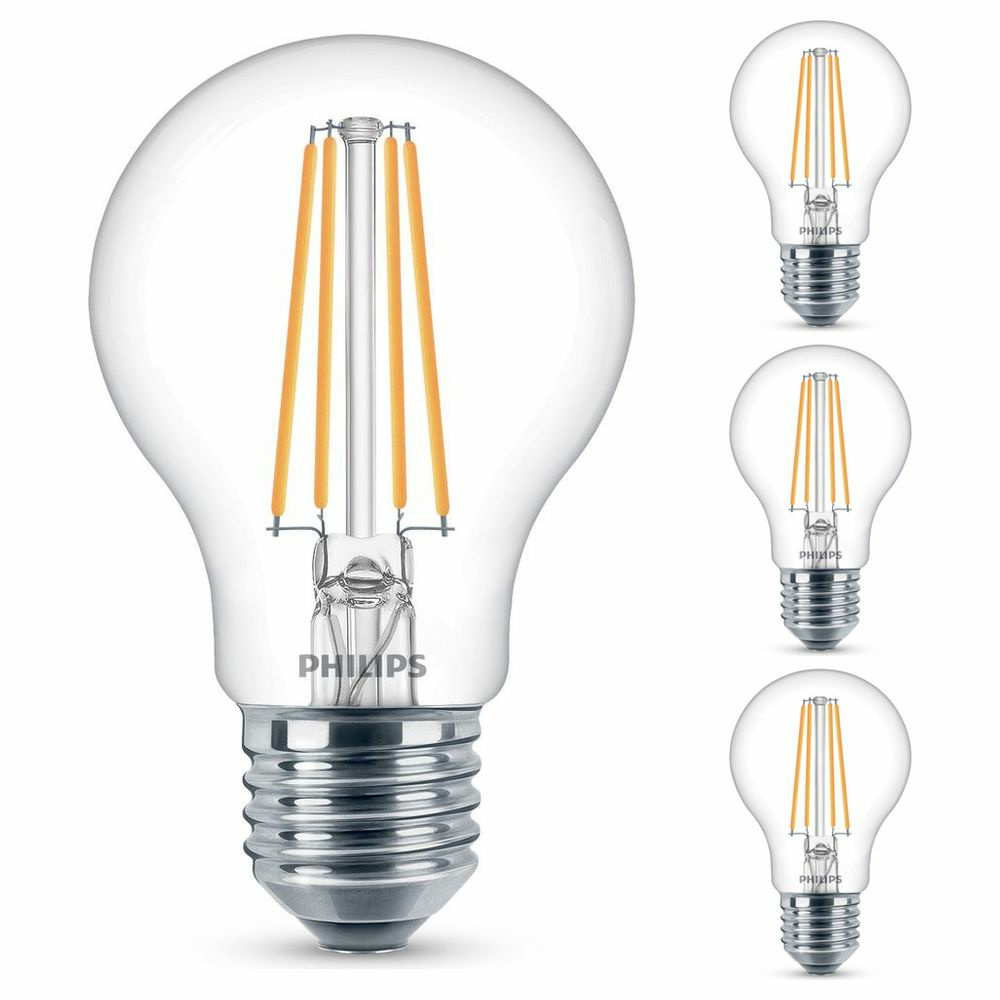 Philips LED Lampe ersetzt 60W, E27 Standardform A60, klar, warmwei, 806 Lumen, nicht dimmbar, 4er Pack