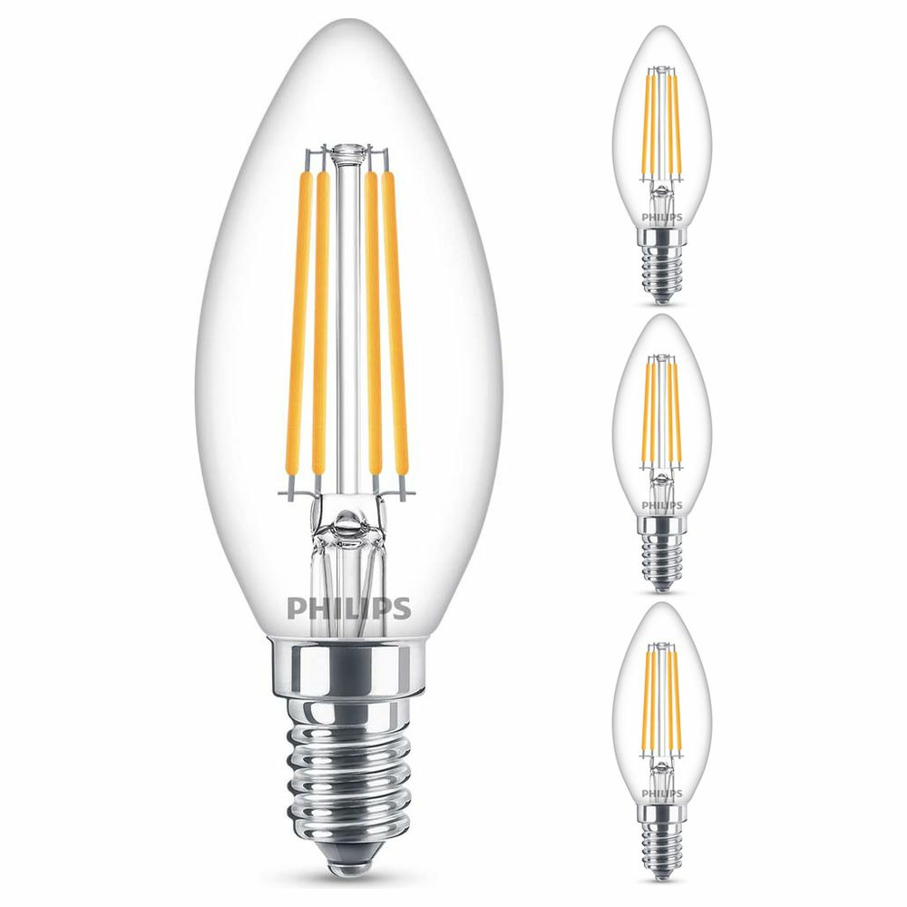 Philips LED Lampe ersetzt 60W, E14 Kerzenform B35, klar, warmwei, 806 Lumen, nicht dimmbar, 4er Pack
