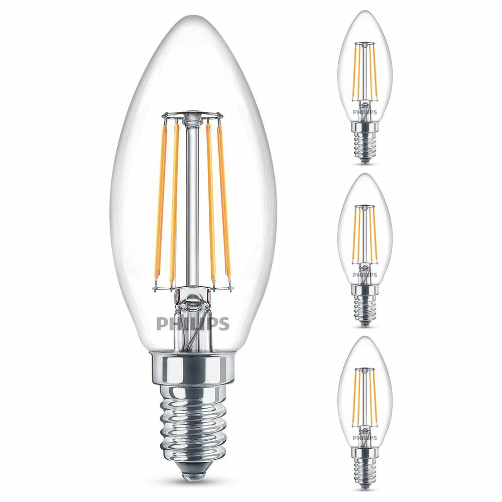 Philips LED Lampe ersetzt 40W, E14 Kerze B35, klar, warmwei, 470 Lumen, nicht dimmbar, 4er Pack