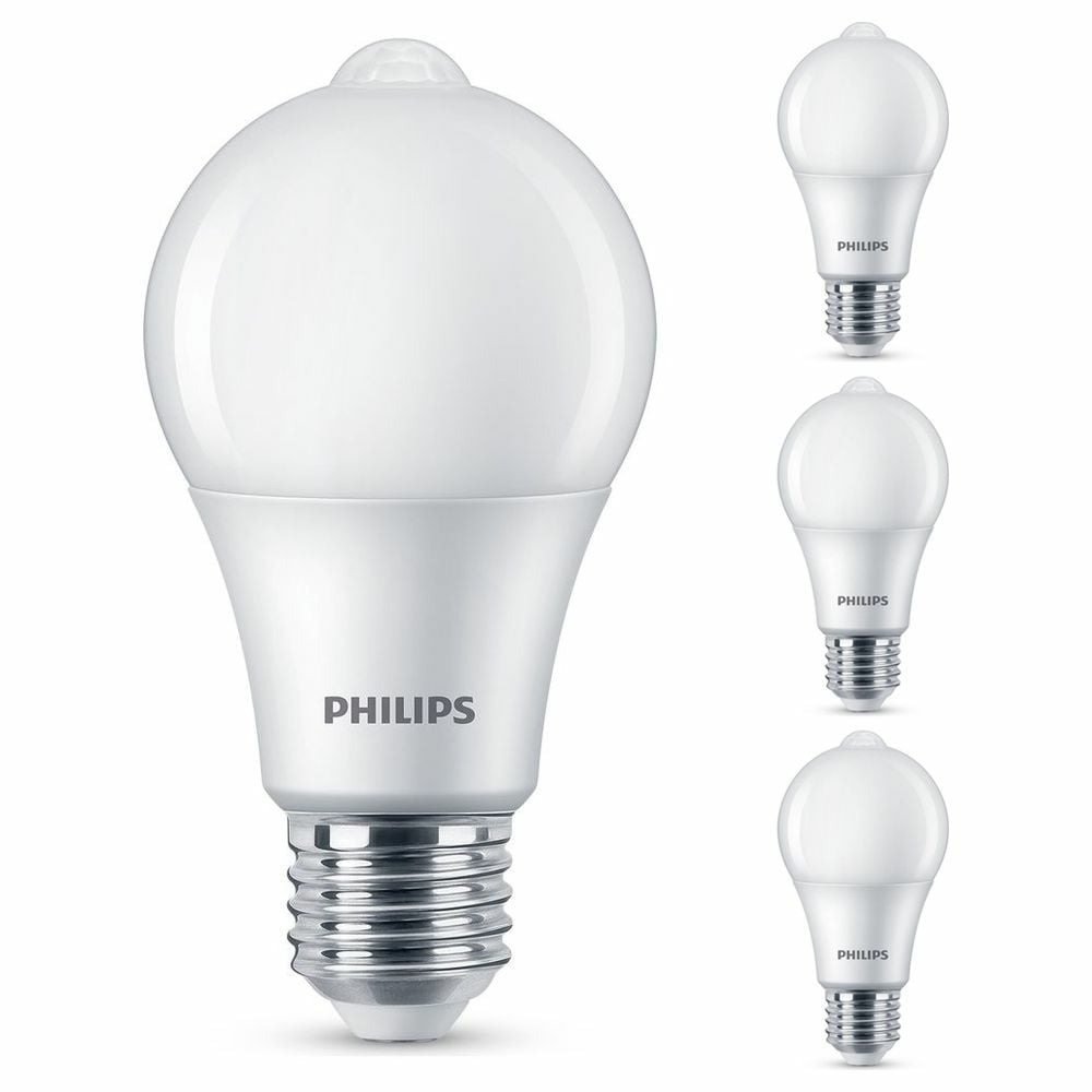 Philips LED Lampe mit Bewegunsmelder ersetzt 60W, E27 Standardform A60, warmwei, 806 Lumen, nicht dimmbar, 4er Pack