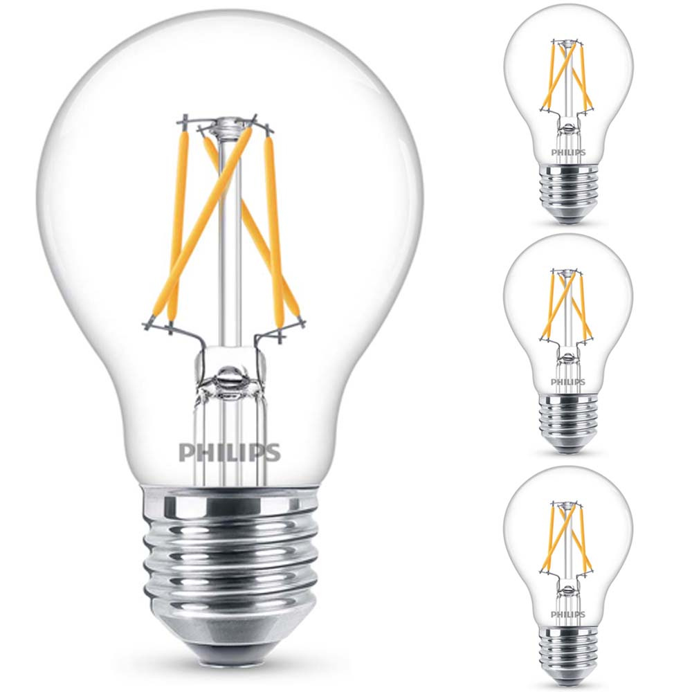 Philips LED SceneSwitch Lampe ersetzt 60W, E27 Standardform A60, klar -Filament, Dimmen ohne Dimmer, 4er Pack