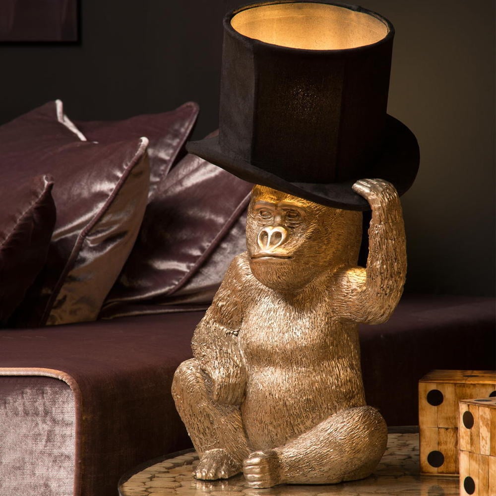 Stylische Affentischlampe in Gold mit Zylinder aus Baumwolle in Schwarz E14