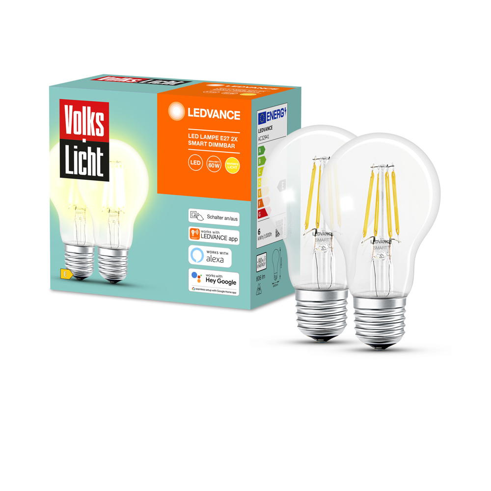 Smart LED Leuchtmittel E27 klar Birne - A60 6W 806Lm 2er Set