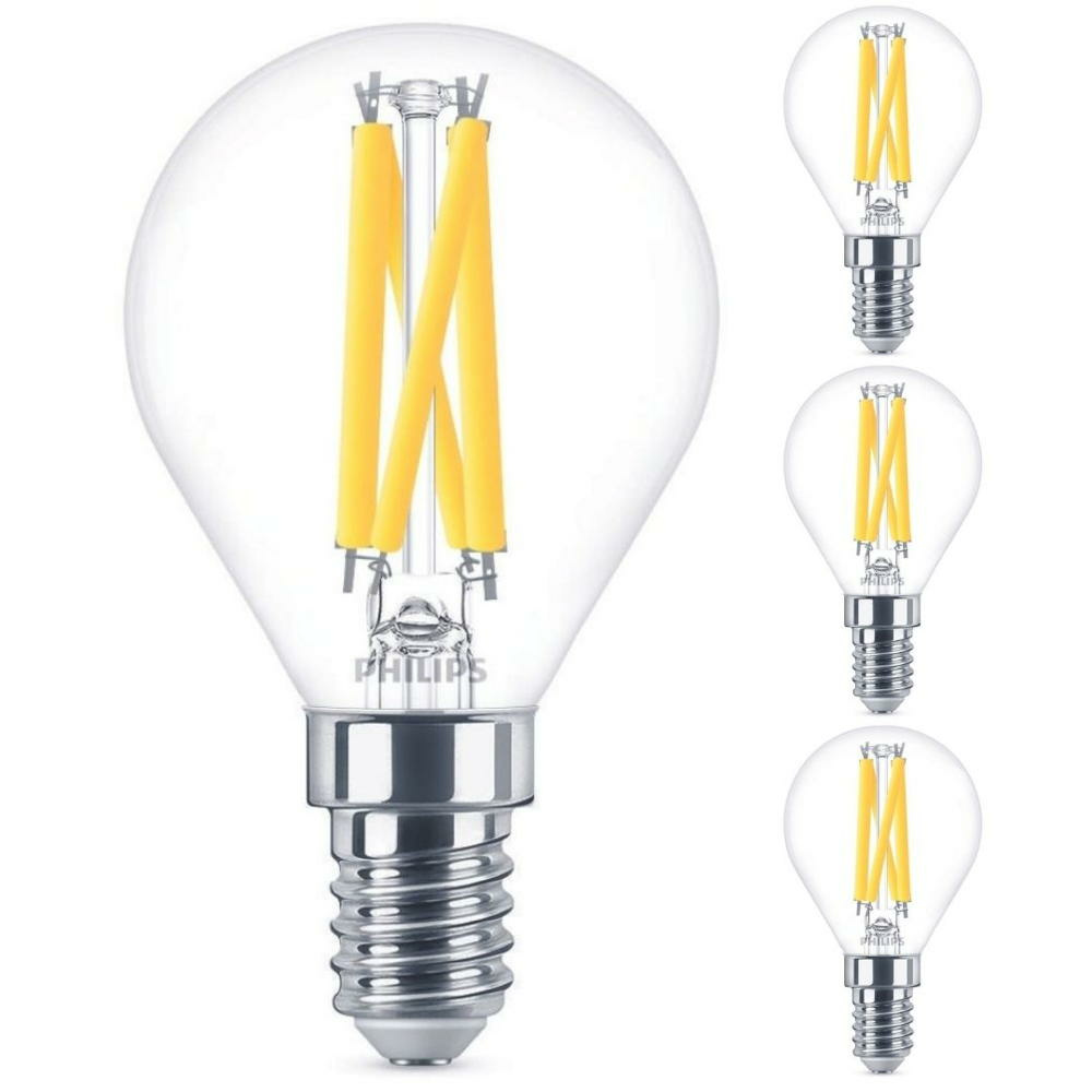 Philips LED Lampe ersetzt 60W, E14 Tropfenform P45, klar, warmwei, 810 Lumen, dimmbar, 4er Pack