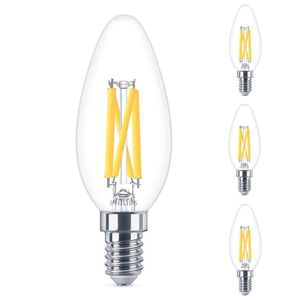 Philips LED Lampe ersetzt 60 W, E14 Kerzenform B35, klar, warmwei, 810 Lumen, dimmbar, 4er Pack