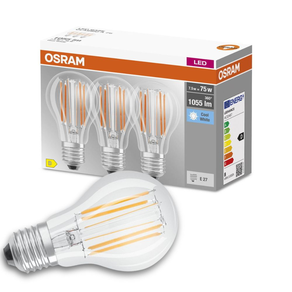 Osram LED Lampe ersetzt 75W E27 Birne - A60 in Transparent 7,5W 1055lm 4000K 3er Pack