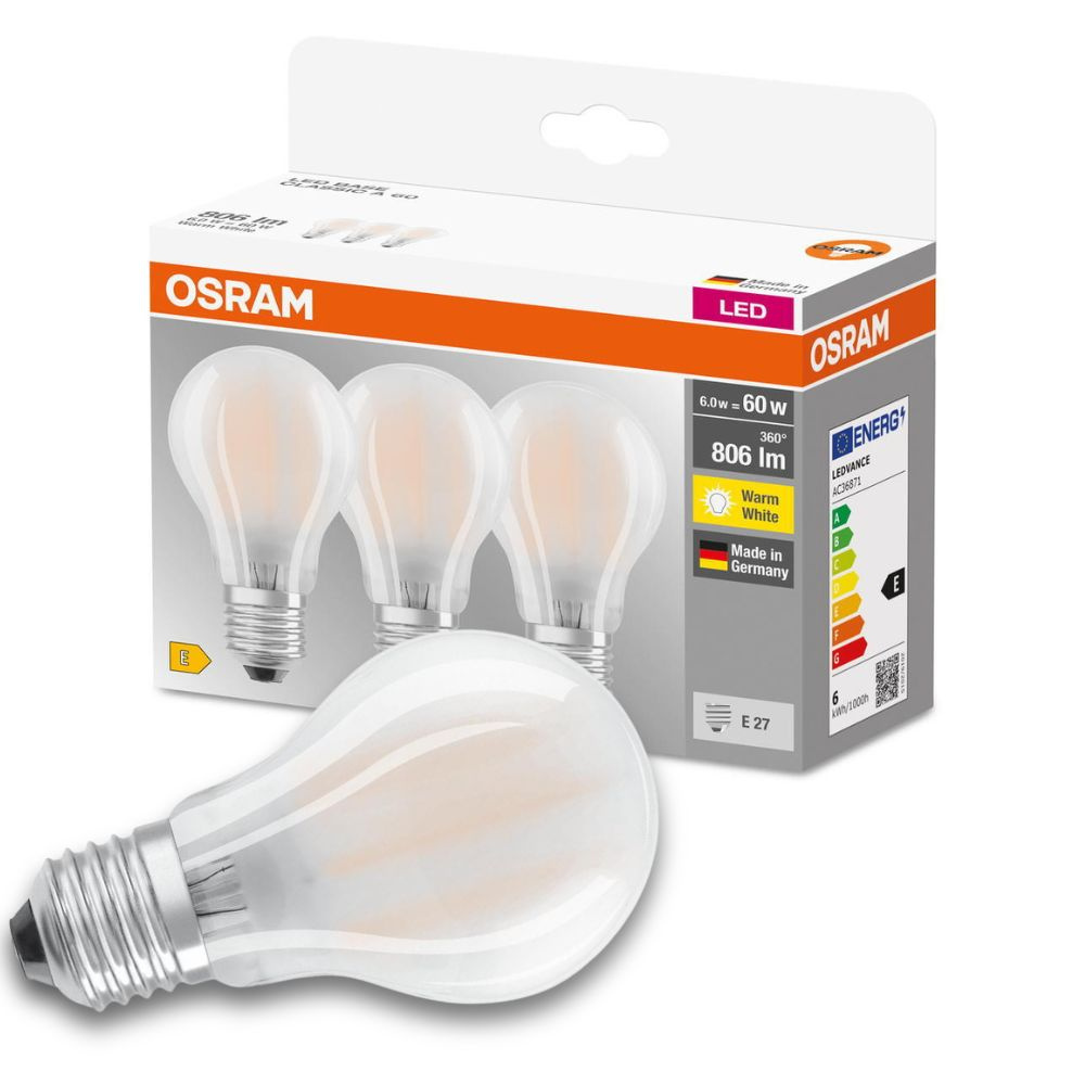 Osram LED Lampe ersetzt 60W E27 Birne - A60 in Weiß 6,5W 806lm 2700K 3er Pack