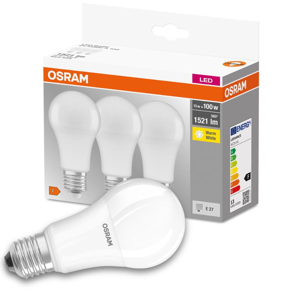 Osram LED Lampe ersetzt 100W E27 Birne - A60 in Weiß 13W 1521lm 2700K 3er Pack
