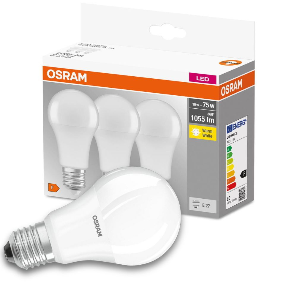 Osram LED Lampe ersetzt 75W E27 Birne - A60 in Wei 10W 1055lm 2700K 3er Pack