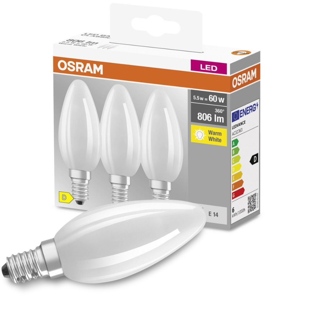 Osram LED Lampe ersetzt 60W E14 Kerze - B35 in Wei 5,5W 806lm 2700K 3er Pack