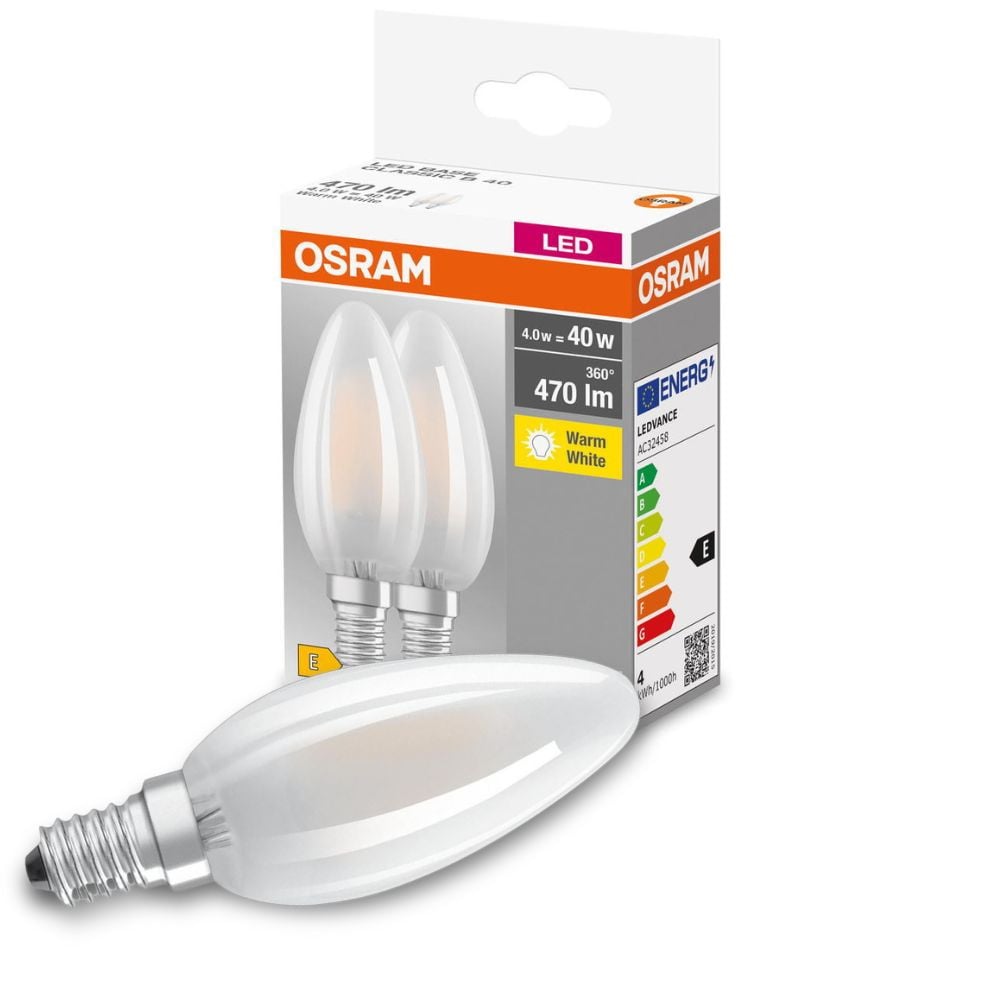 Osram LED Lampe ersetzt 40W E14 Kerze - B35 in Wei 4W 470lm 2700K 2er Pack