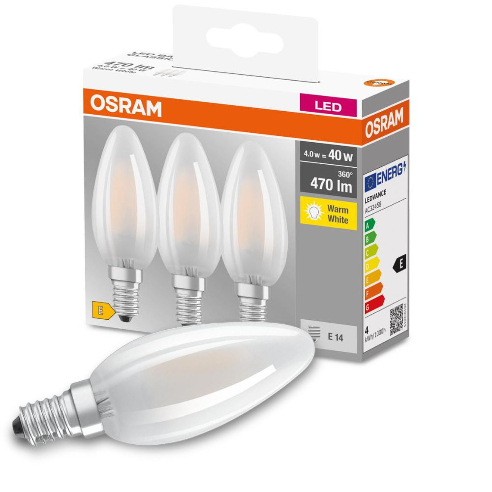 Osram LED Lampe ersetzt 40W E14 Kerze - B35 in Wei 4W 470lm 2700K 3er Pack