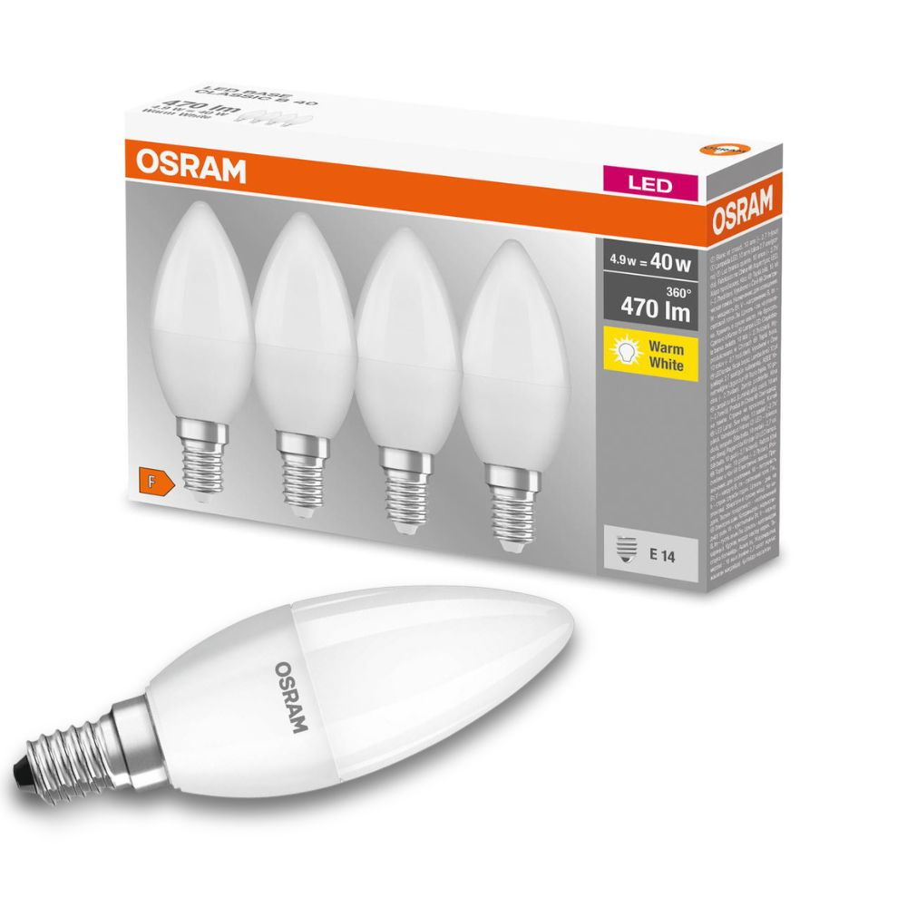Osram LED Lampe ersetzt 40W E14 Kerze - B35 in Wei 4,9W 470lm 2700K 4er Pack