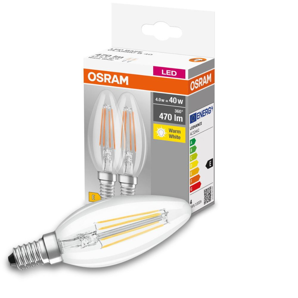 Osram LED Lampe ersetzt 40W E14 Kerze - B35 in Transparent 4W 470lm 2700K 2er Pack