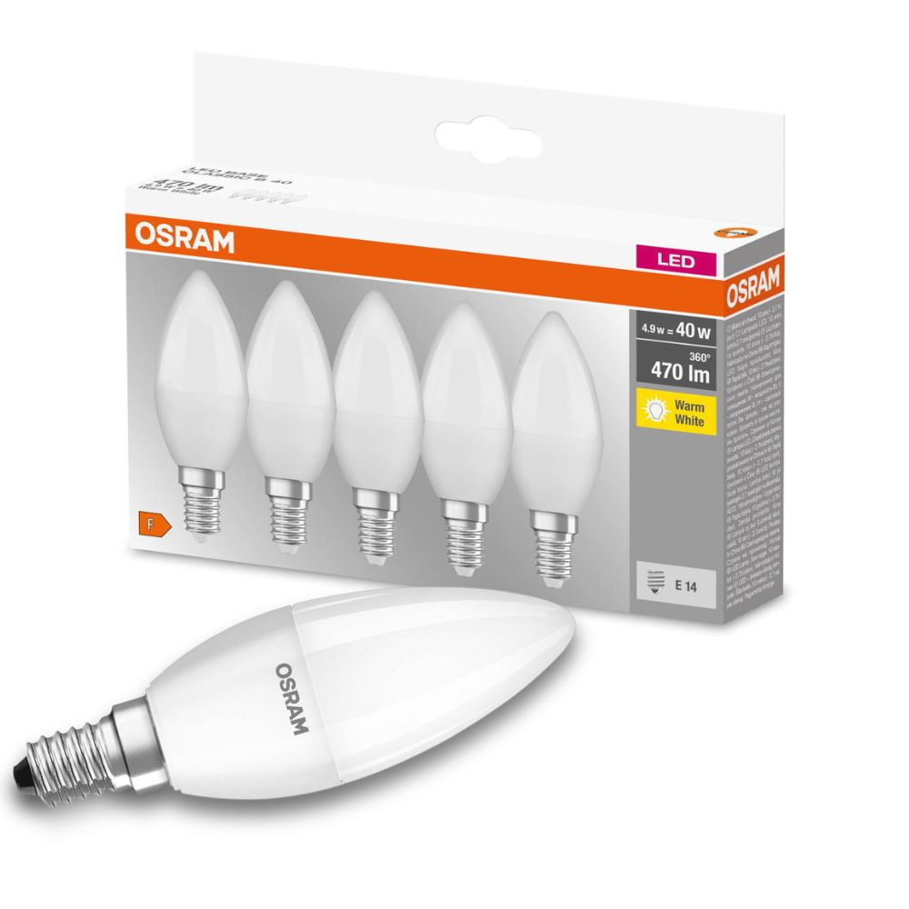 Osram LED Lampe ersetzt 40W E14 Kerze - B35 in Wei 4,9W 470lm 2700K 5er Pack