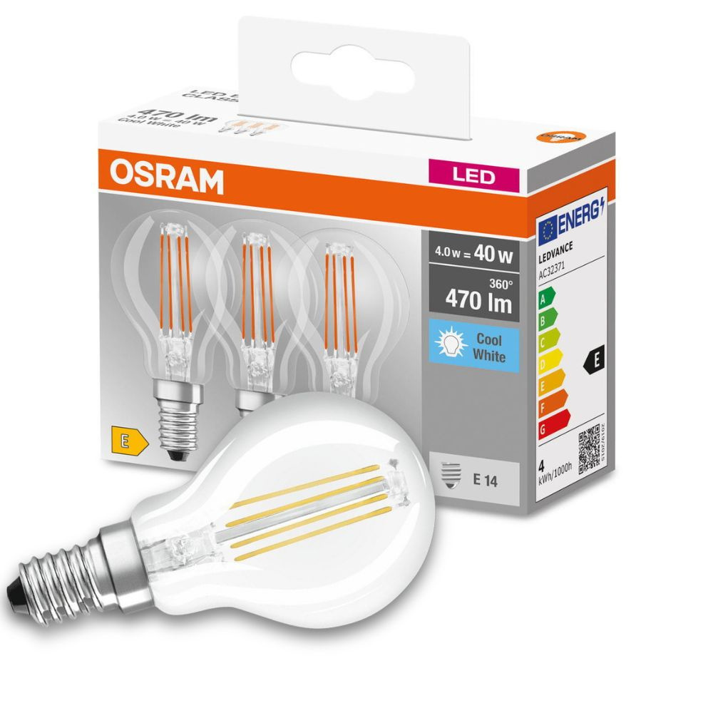 Osram LED Lampe ersetzt 40W E14 Tropfen - P45 in Transparent 4W 470lm 4000K 3er Pack