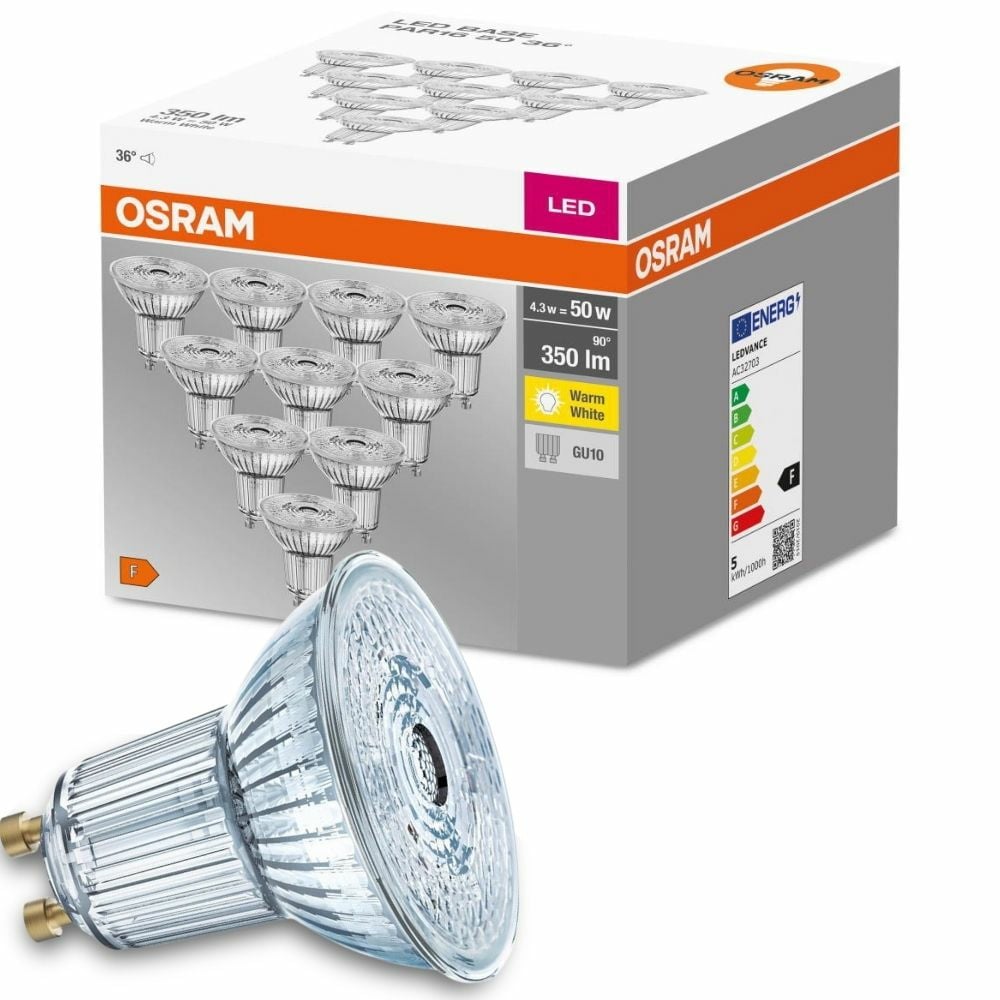 Osram LED Lampe ersetzt 50W Gu10 Reflektor - Par16 in Transparent 4,3W 350lm 2700K 10er Pack