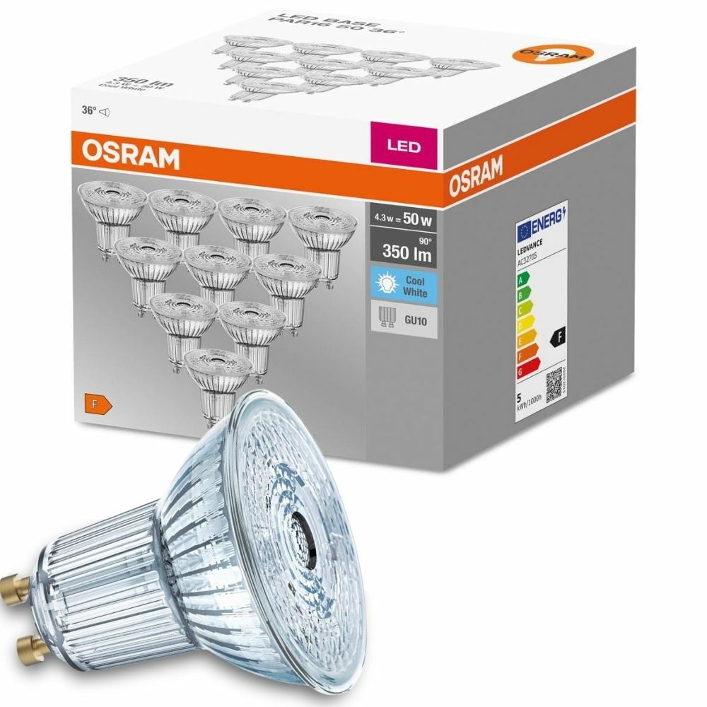 Osram LED Lampe ersetzt 50W Gu10 Reflektor - Par16 in Transparent 4,3W 350lm 4000K 10er Pack