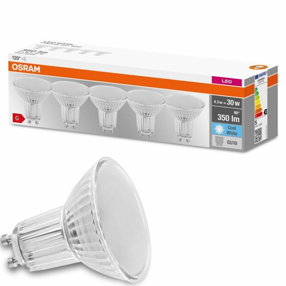 Osram LED Lampe ersetzt 30W Gu10 Reflektor - Par16 in Transparent 4,3W 350lm 4000K 5er Pack