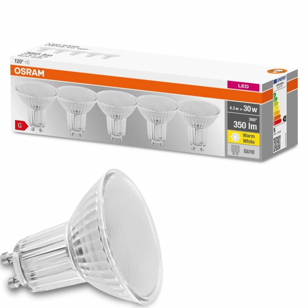 Osram LED Lampe ersetzt 30W Gu10 Reflektor - Par16 in Transparent 4,3W 350lm 2700K 5er Pack
