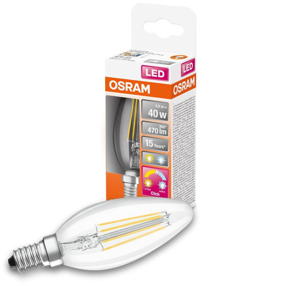 Osram LED Lampe ersetzt 40W E14 Kerze - B35 in Transparent 4W 470lm 2700 bis 4000K 1er Pack