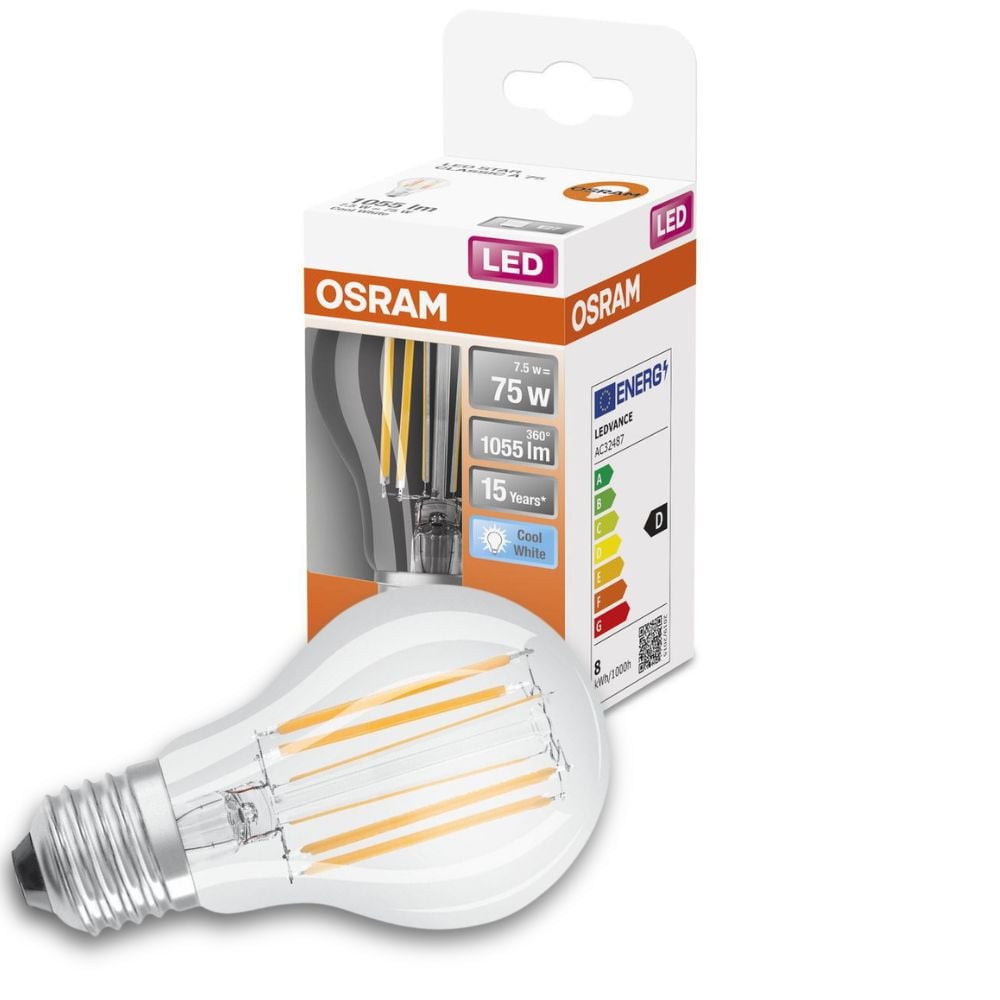 Osram LED Lampe ersetzt 75W E27 Birne - A60 in Transparent 7,5W 1055lm 4000K 1er Pack