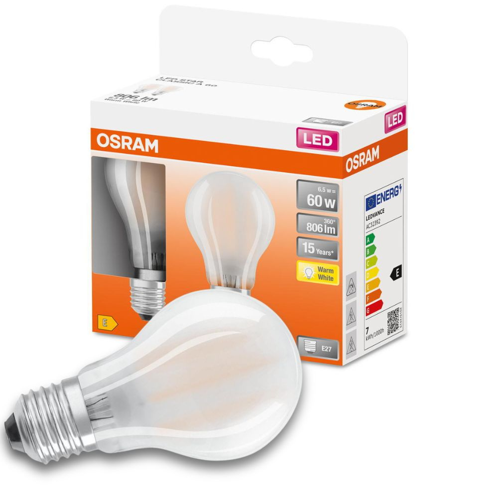 Osram LED Lampe ersetzt 60W E27 Birne - A60 in Weiß 6,5W 806lm 2700K 2er Pack