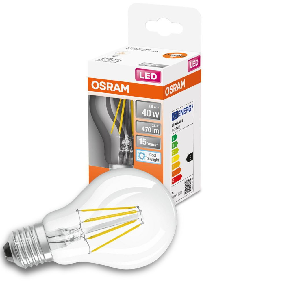 Osram LED Lampe ersetzt 40W E27 Birne - A60 in Transparent 4W 470lm 6500K 1er Pack