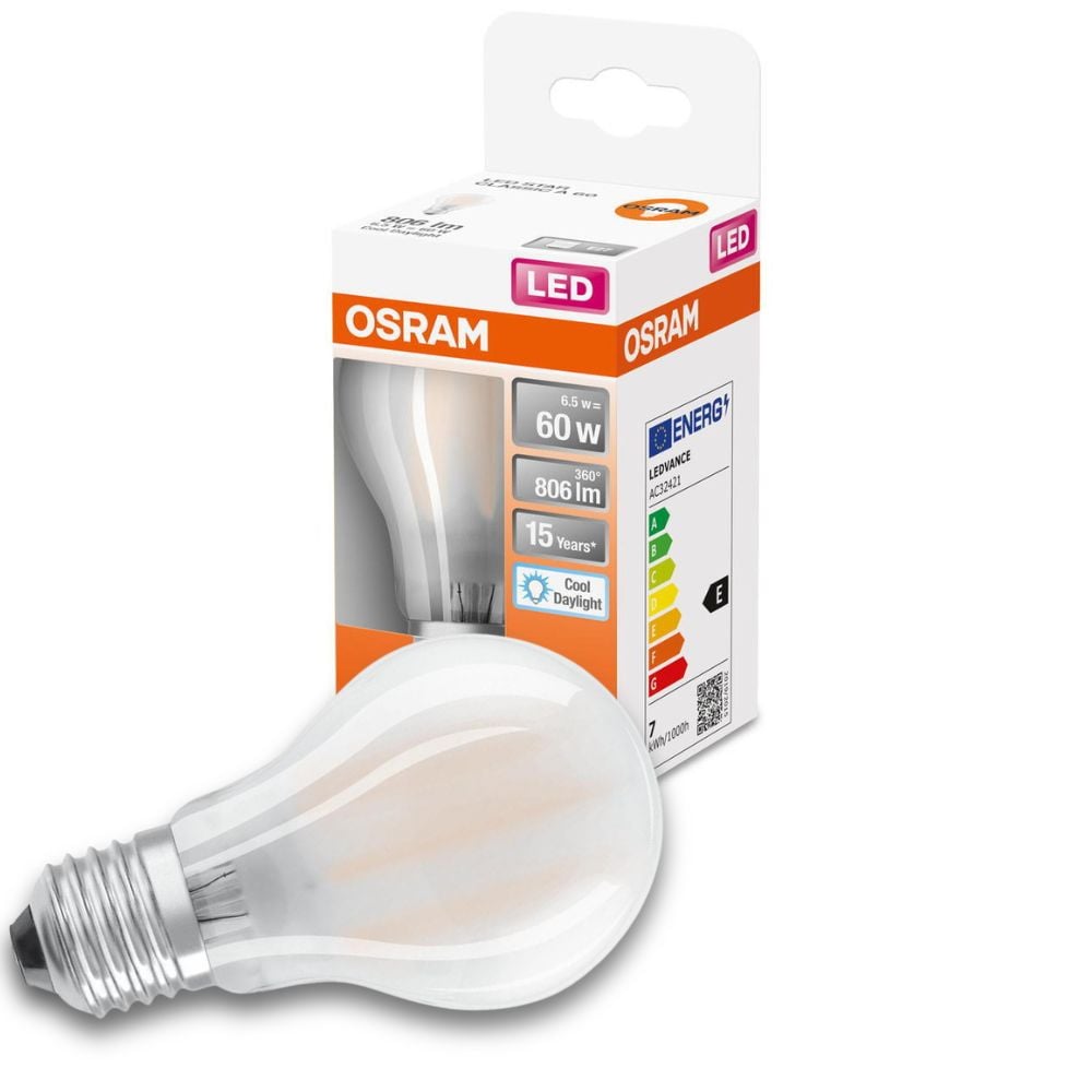 Osram LED Lampe ersetzt 60W E27 Birne - A60 in Weiß 6,5W 806lm 6500K 1er Pack