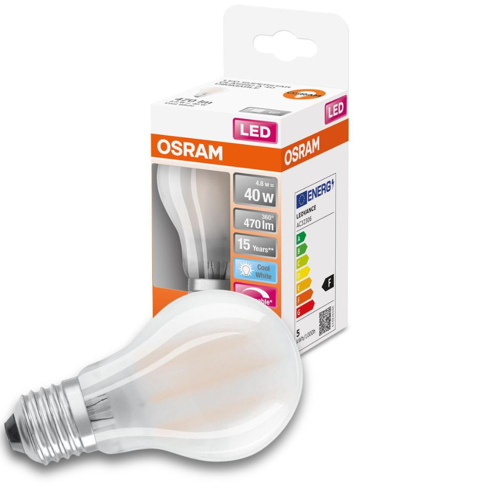 Osram LED Lampe ersetzt 40W E27 Birne - A60 in Weiß 4,8W 470lm 4000K dimmbar 1er Pack