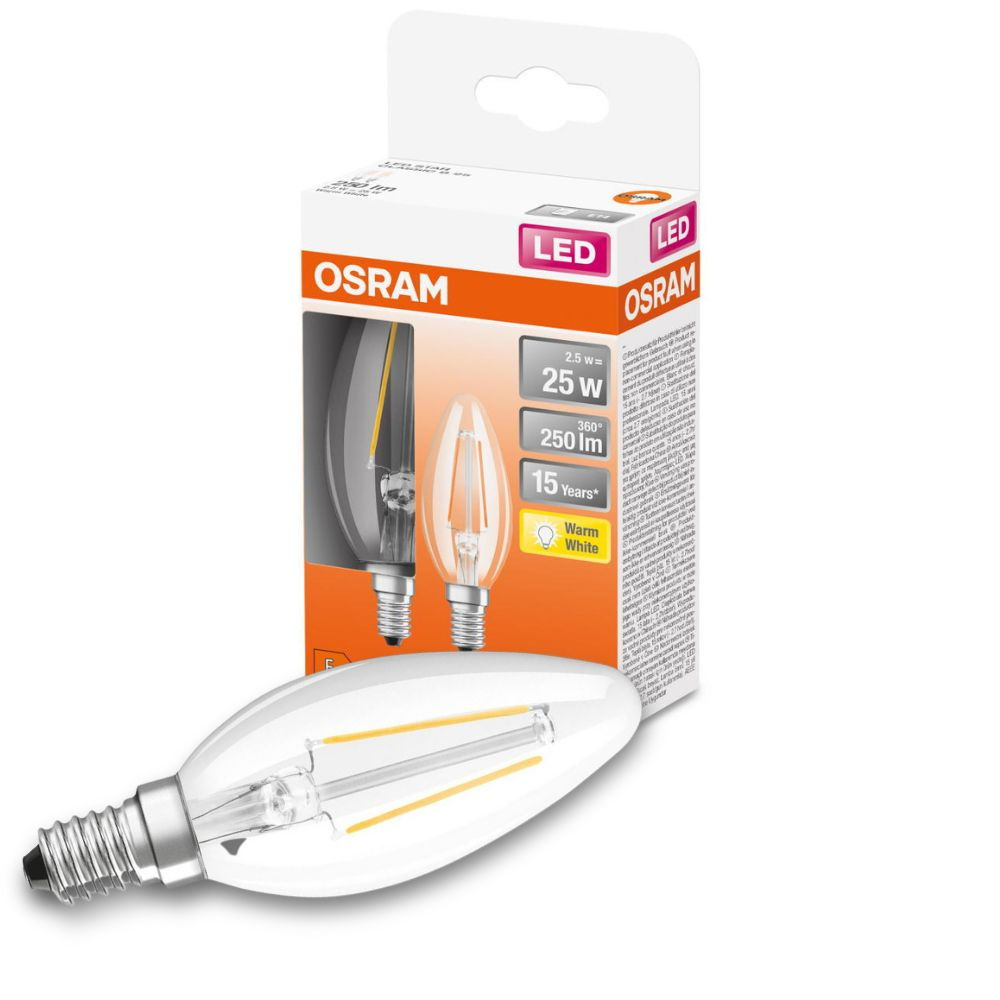 Osram LED Lampe ersetzt 25W E14 Kerze - B35 in Transparent 2,5W 250lm 2700K 2er Pack