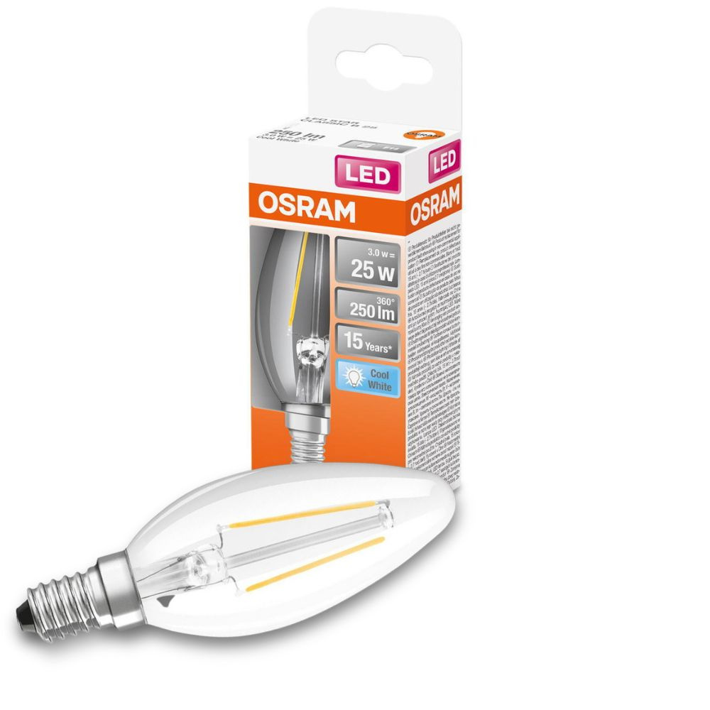 Osram LED Lampe ersetzt 25W E14 Kerze - B35 in Transparent 2,5W 250lm 4000K 1er Pack