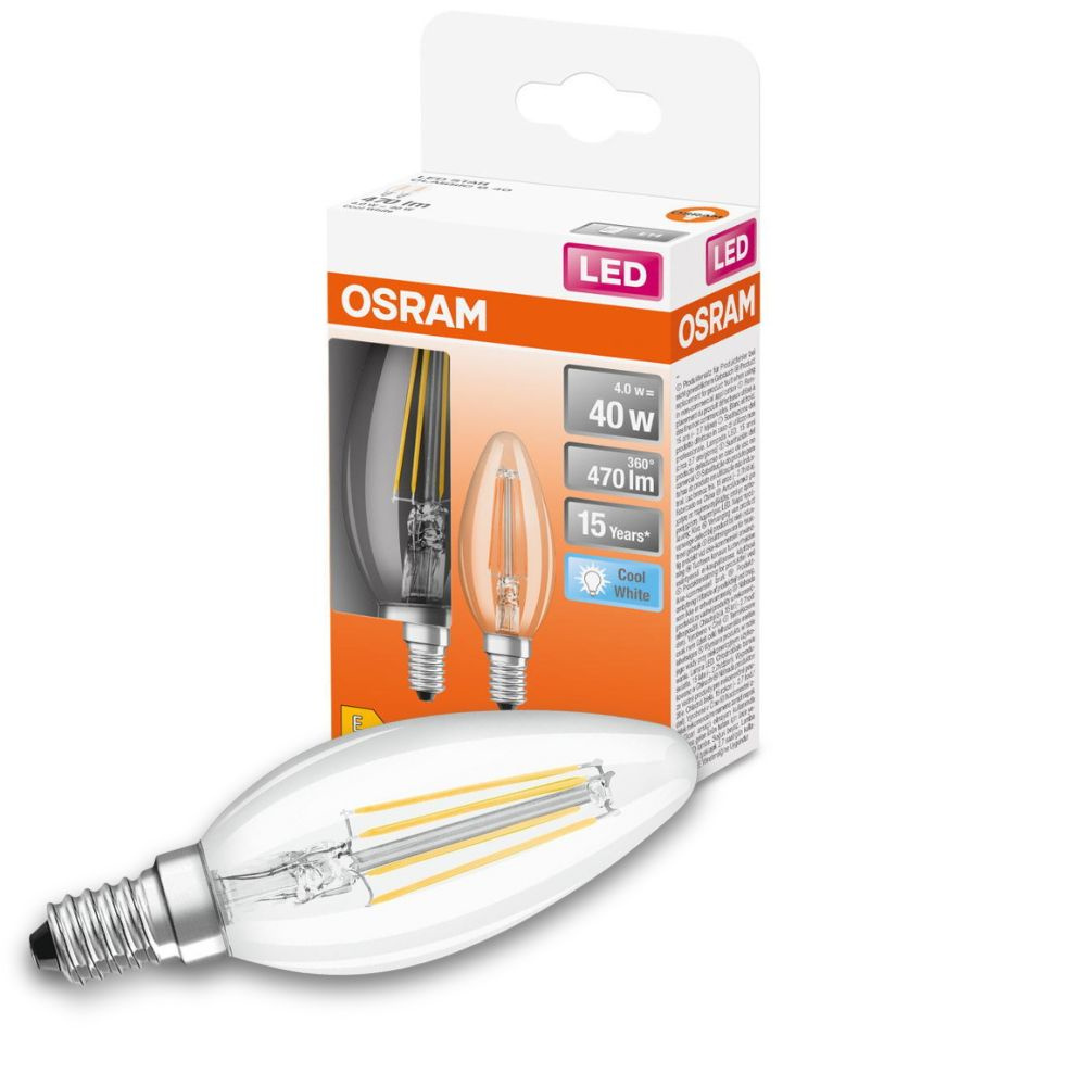 Osram LED Lampe ersetzt 40W E14 Kerze - B35 in Transparent 4W 470lm 4000K 2er Pack