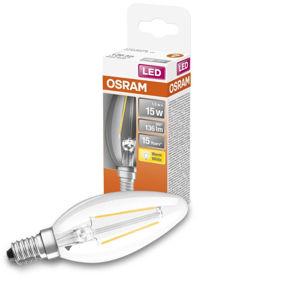 Osram LED Lampe ersetzt 15W E14 Kerze - B35 in Transparent 1,5W 136lm 2700K 1er Pack